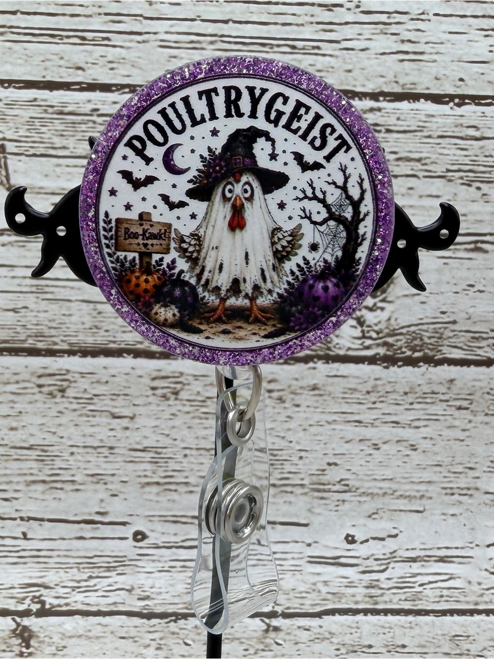 Poultrygeist Glitter Badge Reel — Purple Halloween Ghost Chicken Design